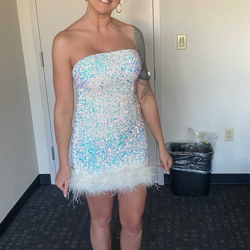 NWT 12th Tribe White Sequin Mini Dress with Feathers